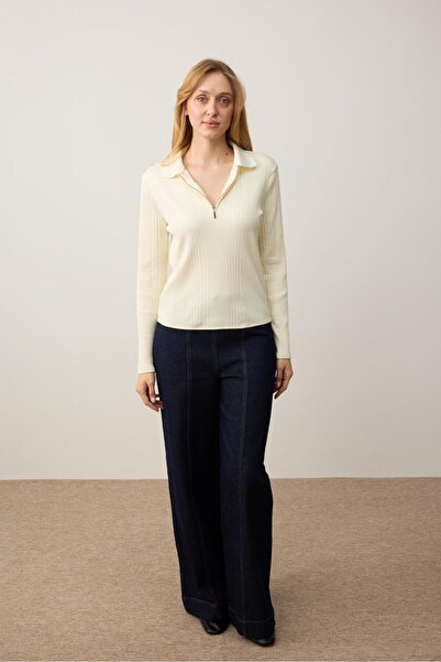 Jimmy Key Açık Sarı Düz Kesim Polo Yaka Örme Bluz