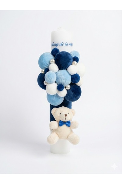 MASSIBEBE Lumânare de Botez Elegantă cu Ursuleț, Perle și Decorațiuni din Cat...