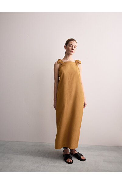 Marks & Spencer %100 Keten Kare Yaka Midi Elbise