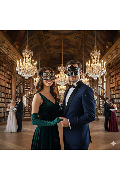 shop Venedik Tarzı Siyah Dantelli Taşlı Kadın Maskesi & Klasik Parlak Erkek M...