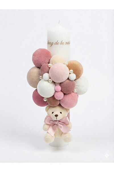MASSIBEBE Lumânare de Botez Elegantă cu Ursuleț, Perle și Decorațiuni din Cat...