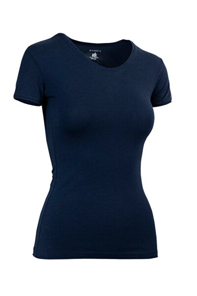 KAİZEN 3-piece women's short-sleeved round neck t-shirt set, navy blue