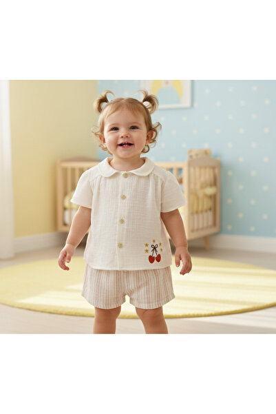 Kidaxi Striped Muslin Girls Shirt Shorts Set
