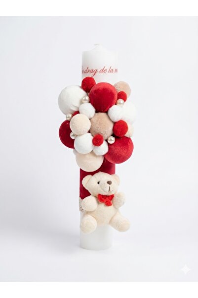 MASSIBEBE Elegant Baptism Candle with Teddy Bear, Pearls and Velvet Decorations