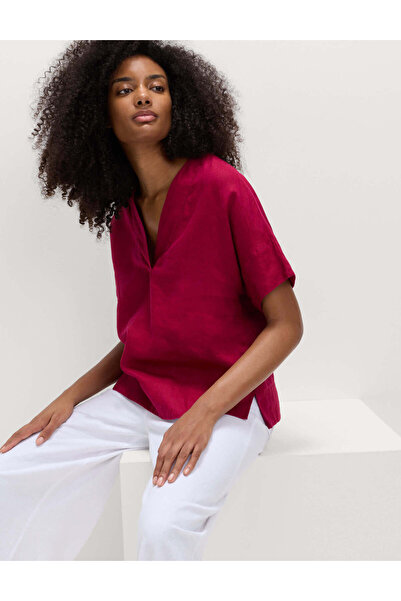 Marks & Spencer %100 Keten V Yaka Popover Bluz