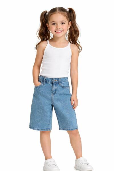 Roza Kız Çocuk Kalp Desenli Kot Kapri Şort-7889-KAR