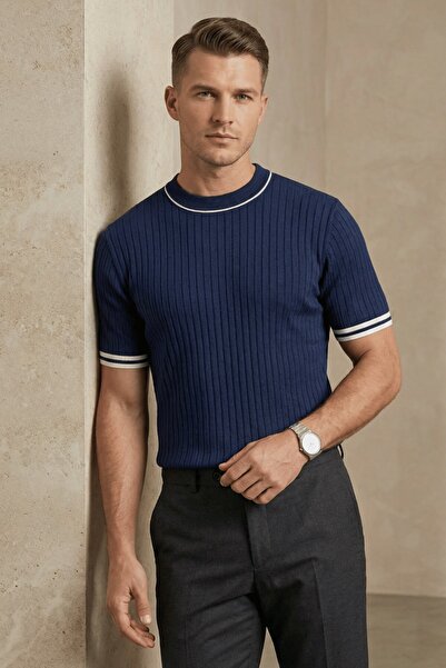 The Champ Clothing Men's Ribbed Knit T-Shirt Navy Blue - Garnished Striped Co...