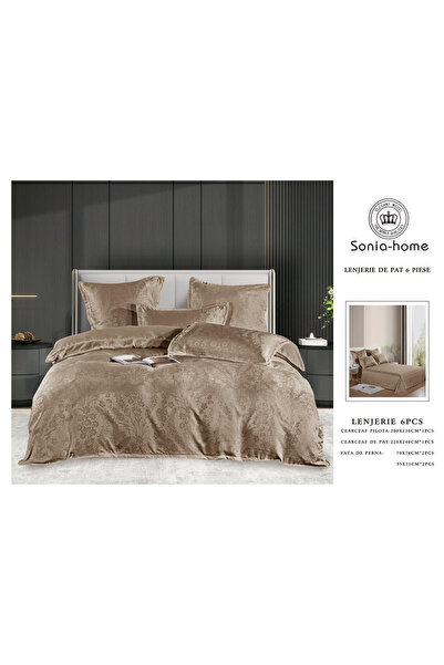 FIONNA.RO Satin Jacquard Duvet Cover Set With Embroidery Inserts - Brown With...