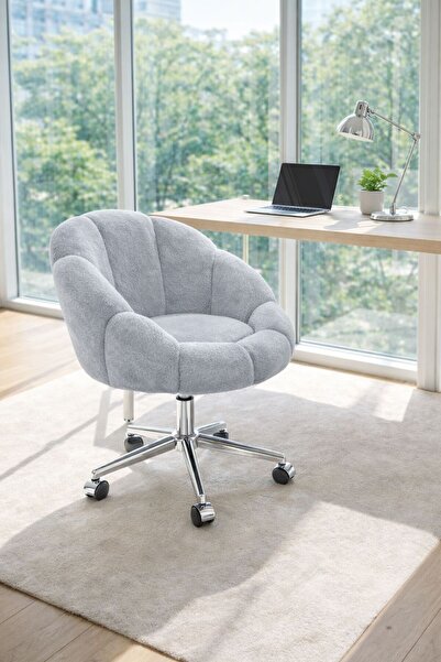KOKİ DESİGN Papatya Gri Peluş Kumaş Krom Ayaklı Çalışma Sandalyesi ve Ofis Ko...