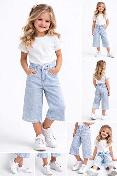 Roza Kız Çocuk Mavi Çizgili Taş Detaylı Kot Kapri Pantolon – 7885