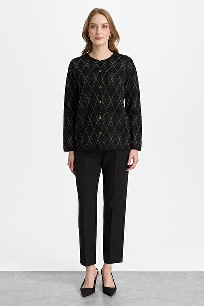 Mutlu Ertan Women's Silvery Diamond Buttoned Cardigan Black 20324