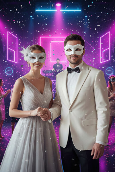 shop Gümüş Simli Tüylü Kadın Maskesi & Beyaz Klasik Erkek Masquerade Maske - ...