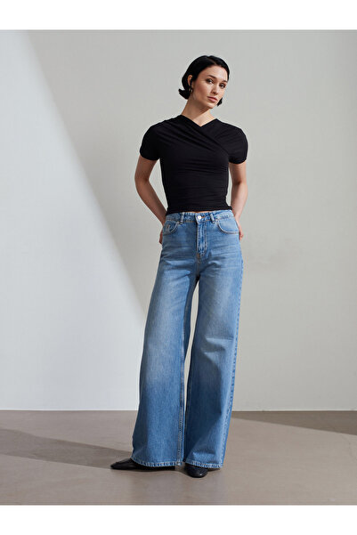 Dilvin 72286 100% Cotton Draped Wide Leg Jean-Blue