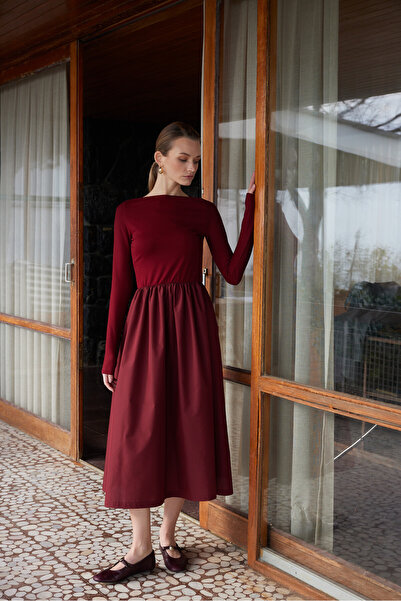 SevdeUgur Women's Maxi Length Stretchy Knitted Top with Poplin Skirt Long Sle...