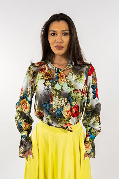 Gorgeaux Elegant Floral Blouse with Tie - S(36)