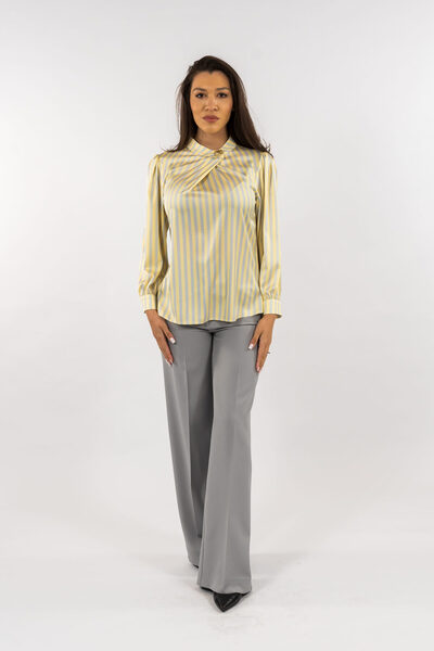 Gorgeaux Yellow Striped Blouse and Grey Pants Set - M(38)