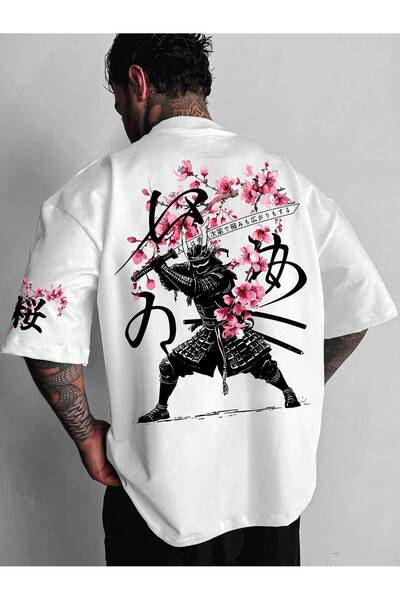 PENTHİLUS تي شيرت رجالي ياباني أبيض برقبة دائرية مطبوع عليه ساكورا ساموراي