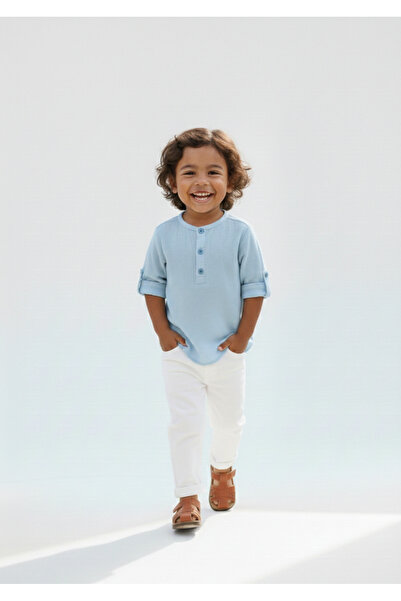 rois Baby Double Set White Gabardine Pants Muslin Blue Shirt
