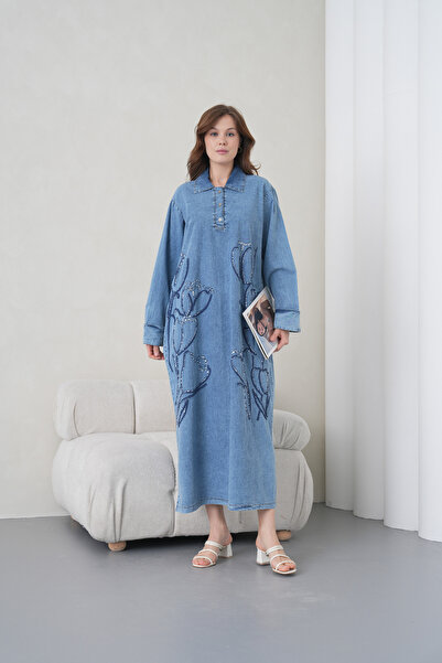 Miss Allos Women's Front Sequin Embroidered Half-Button Wide-Fit Long Denim D...