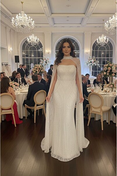 BALCI straplez seyyar pelerin drapeli güpür taşlı etek ucu grenli abiye elbis...