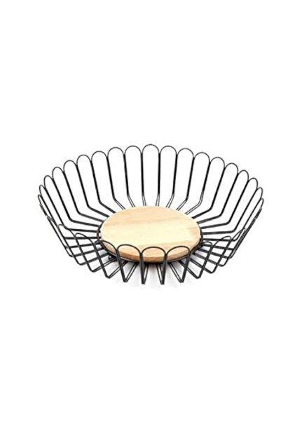 WDA Decorative Metal Wire Fruit Bowl with Wooden Base, Black