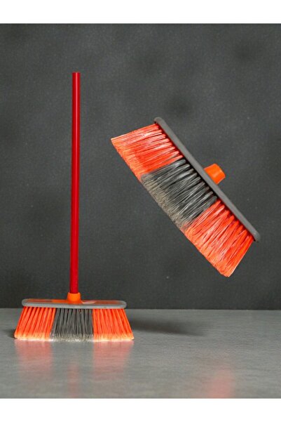 WDA Indoor Floor Broom with Long Handle, Dual Color Bristles, Orange and Grey