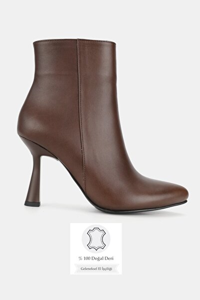 TUNAELLİ Women's Brown Genuine Natural Leather Thin Heel Pointed Toe Boots & ...