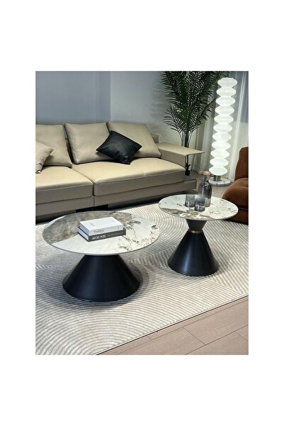 AWD Set of Two Round Coffee Tables Sintered Stone Countertop Metal Base