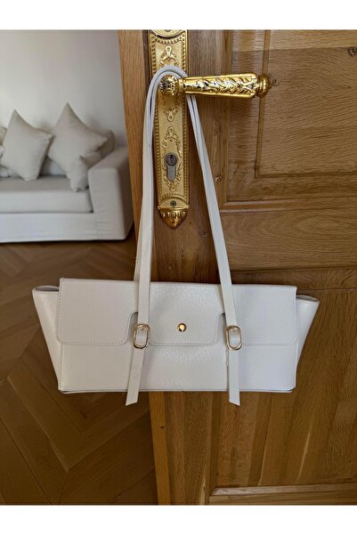 Tina İstanbul حقيبة كتف يومية مستطيلة الشكل مع مشبك حزام باللون الأبيض