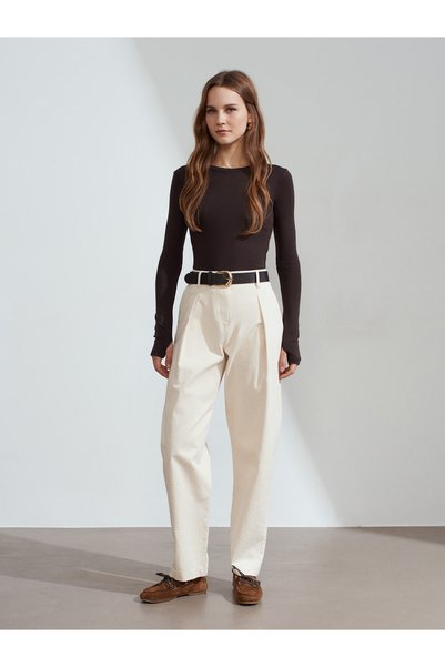 Dilvin 72255 Geniş Paça Kemerli Pantolon-Ekru