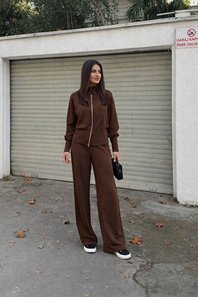 manana fashion Women's Brown Scuba Fabric Wide Leg Pants Zippered Cardigan To...