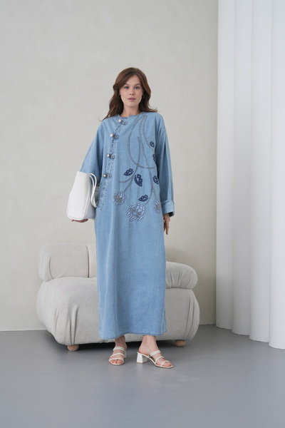 Miss Allos Women's Wide-Fit Long Denim Dress with Bead Embroidery Detail on t...