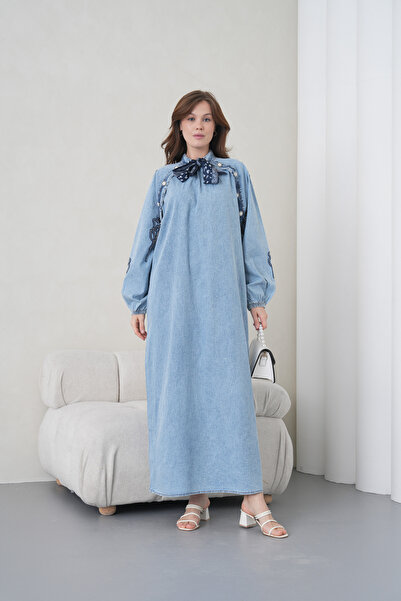 Miss Allos Women's Long Denim Dress with Scarf Detail on the Front and Beaded...