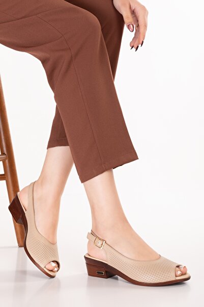 Gondol Hakiki Deri Günlük Hafif Klasik Topuklu Sandalet msa.51 Bej