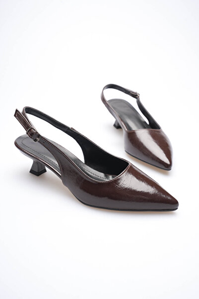 TRENDELLA Women's Brown Wrinkled Patent Leather Slingback Pointed Toe Short H...