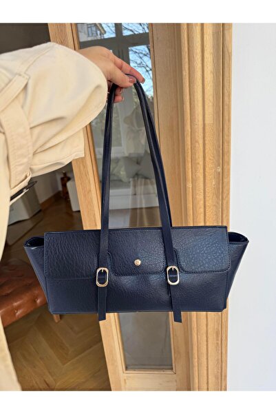 Tina İstanbul Rectangular Daily Shoulder Bag with Belt Buckle, Navy Blue