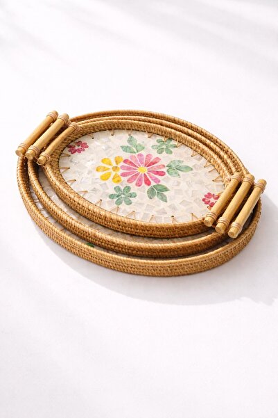 Noah Exclusive 3-Piece Oval Patterned Tray Set - Wicker Tray - Patterned Wick...