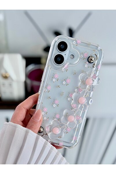 Go Aksesuar Iphone 17 Uyumlu Tutacaklı Pembe Çiçek Tasarımlı Oyuncaklı Esnek ...