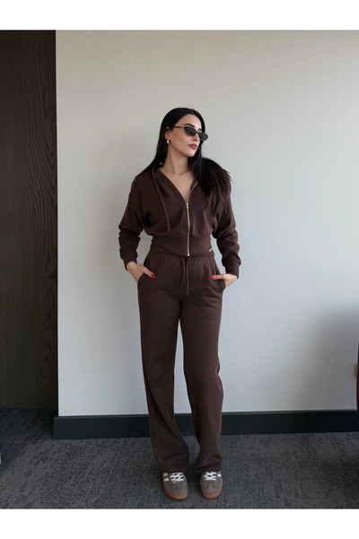 Laluvia Brown 100% Cotton Hooded Ribbed Set - 51232