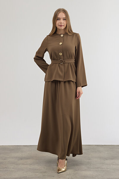 VAVİNOR Gold Düğme Detaylı Etek Bluz Takım - Haki