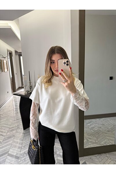 manana fashion White Special Design T-Shirt with Lace Detail on the Sleeves