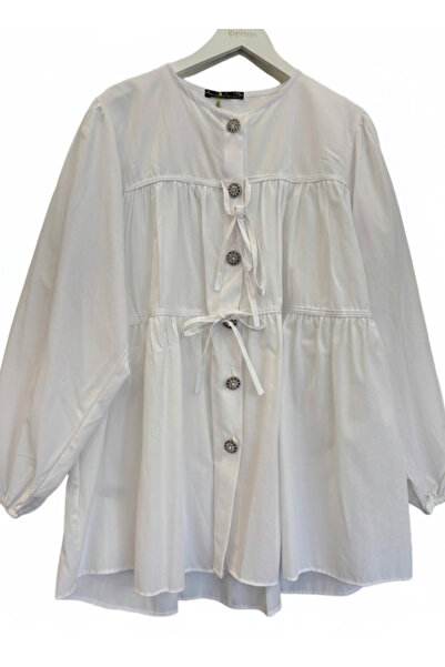 My Destino Kadın Beyaz Bohem Kesim Önü Bağlamalı Uzun Kollu Gömlek