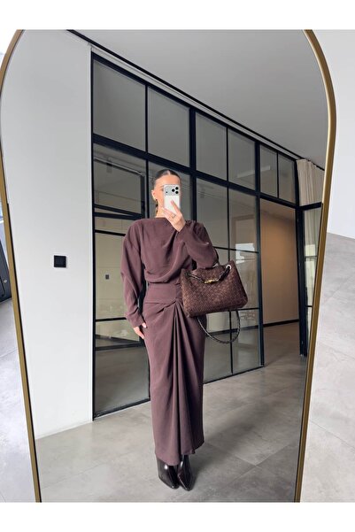 BB Bensu Buyruk Asymmetric Blouse Ruched Skirt Set Brown