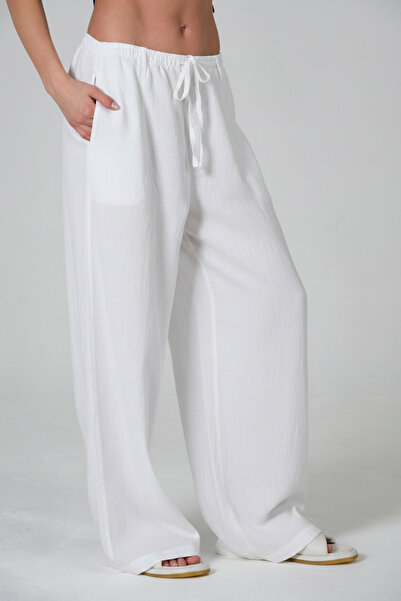 Maule Λινό Lyocell Ελαστικό Παντελόνι με Φαρδιά Μπατζάκια Palazzo Άνετη Εφαρμ...