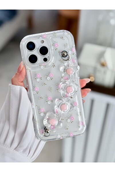 Go Aksesuar Iphone 14 Promax Uyumlu Tutacaklı Pembe Çiçek Tasarımlı Silikon K...