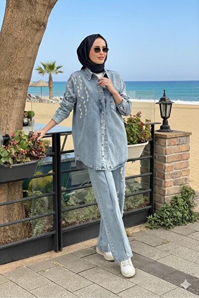 Moodbasic İncili Pantolonlu Denim Takım