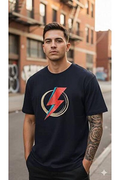 Duzor Men's Oversize Black Printed T-Shirt 100% Cotton Lightning Pattern Crew...