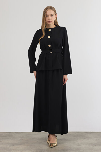 VAVİNOR Gold Düğme Detaylı Etek Bluz Takım - Siyah