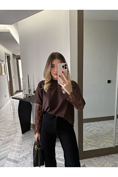 manana fashion Brown Sleeves Lace Detailed Special Design T-Shirt