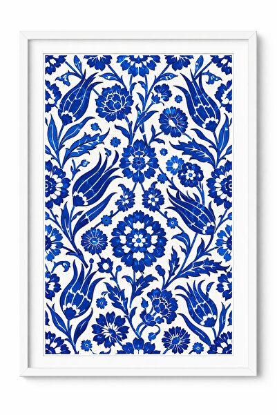 KAYABEY HOME Mavi Geometrik Çini Desenli Beyaz Çerçeveli Modern Duvar Tablosu...